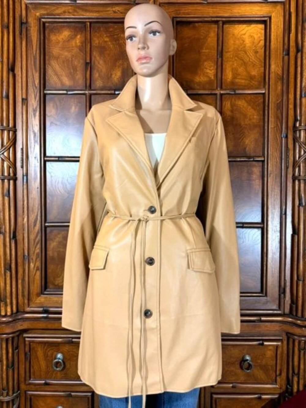 Forever 21 Premium Label Soft Camel Faux Leather Belted Car Coat